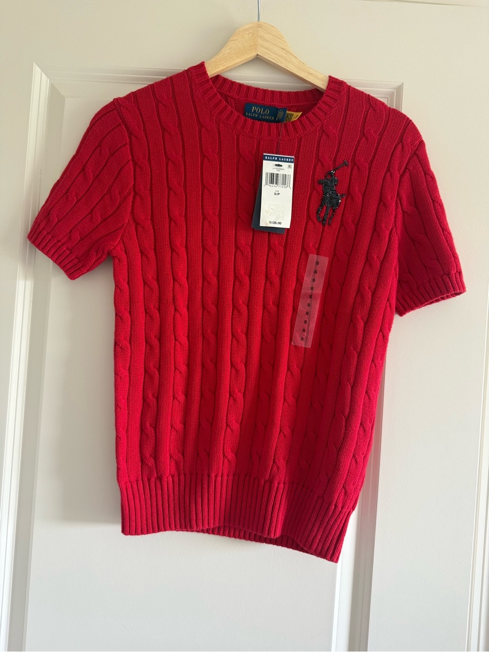 NWT Polo Ralph Lauren Sweater red Cable Knit Beaded Big Pony Logo S